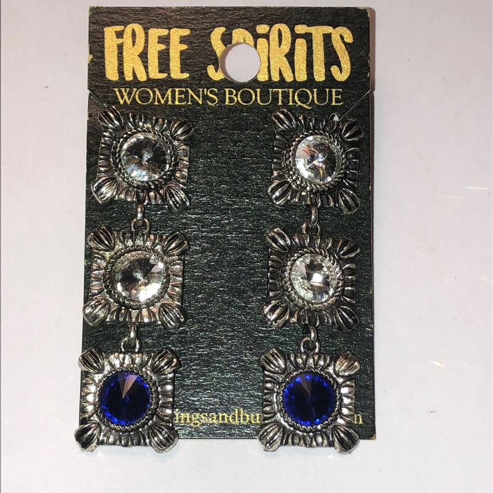 Free Spirit Silver Tone Boho Dangling Blue Clear CZ Rhinestones Earrings